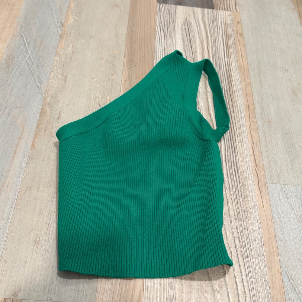 One Shoulder Ribbed Knit Crop Top Green Open Back Adjustable Strap Sleeveless
